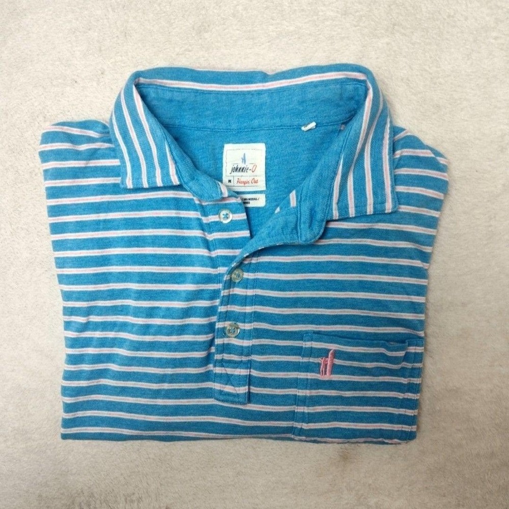 Johnnie-O Polo Shirt Mens M Blue‎ Striped Matthis Pocket Collared Short Sleeve